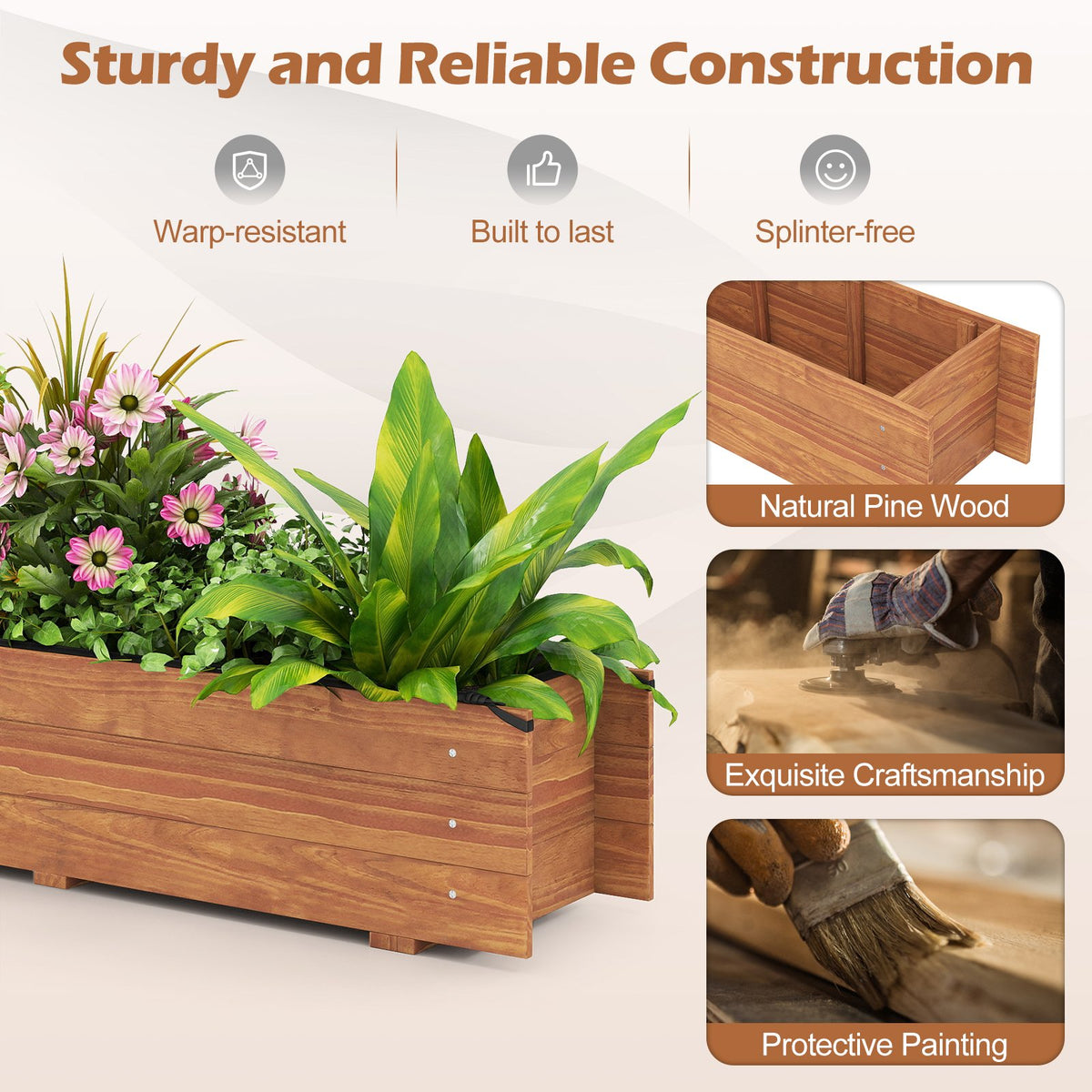 Wooden Raised Garden Bed with Drainage Holes and Liner Elevated Rectangular Planter Box-Orange view 8