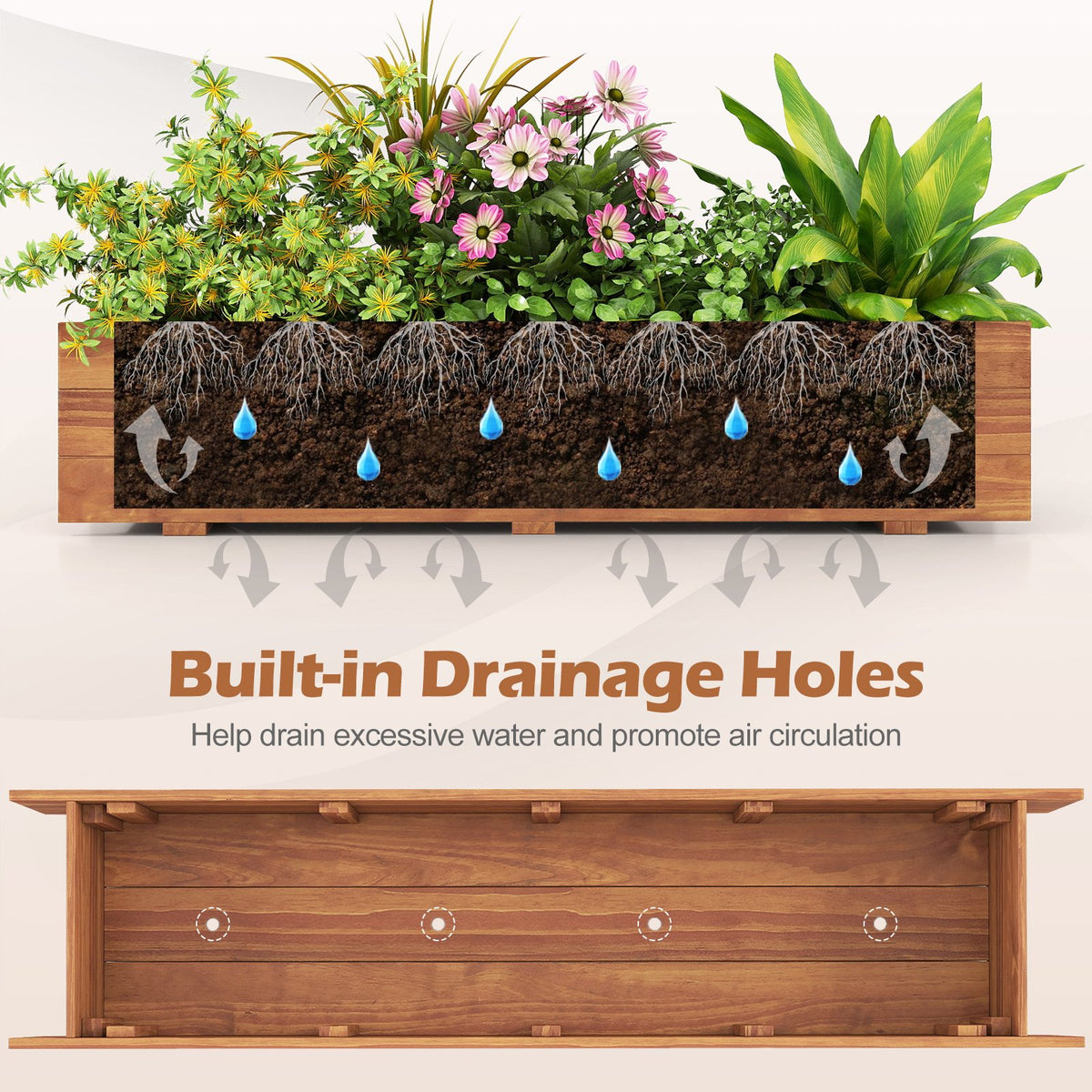 Wooden Raised Garden Bed with Drainage Holes and Liner Elevated Rectangular Planter Box-Orange view 9