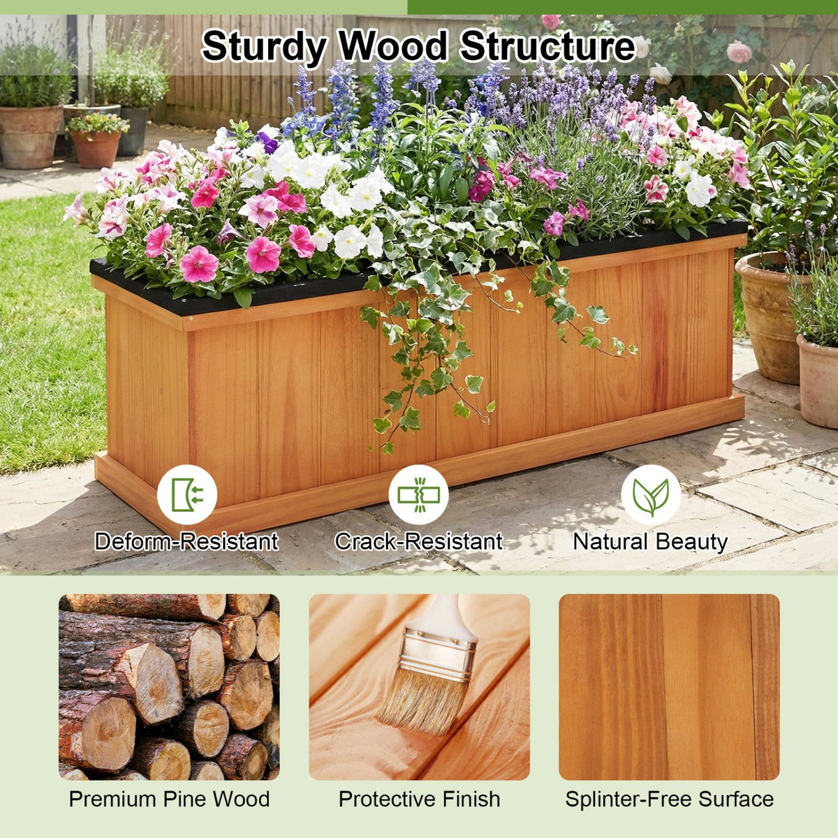 Wooden Raised Garden Bed with Drainage Holes and Liner Solid Fir Wood Planter Box-L view 6