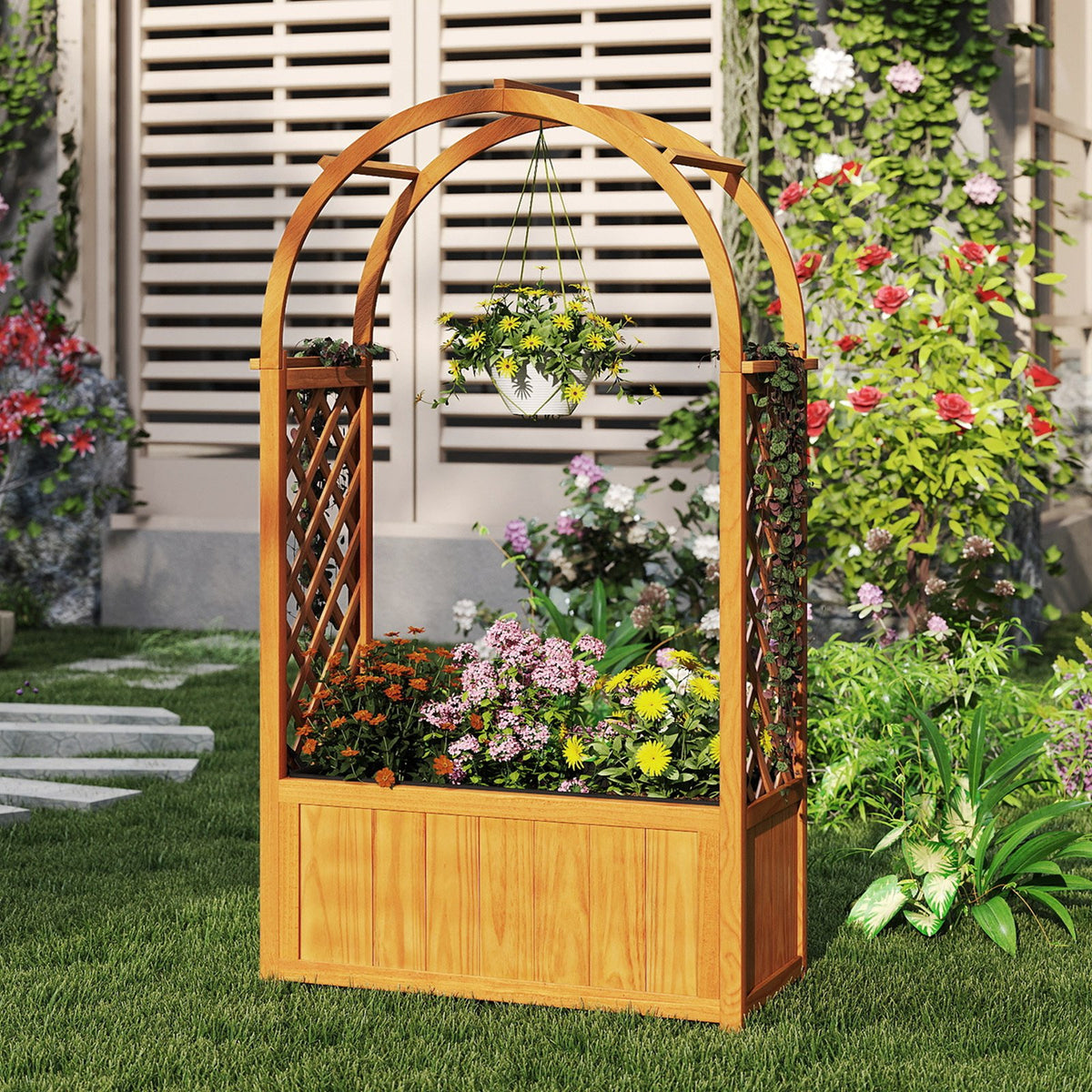 Wooden Raised Garden Bed with Lattice Trellis and Arched Roof-Orange view 2