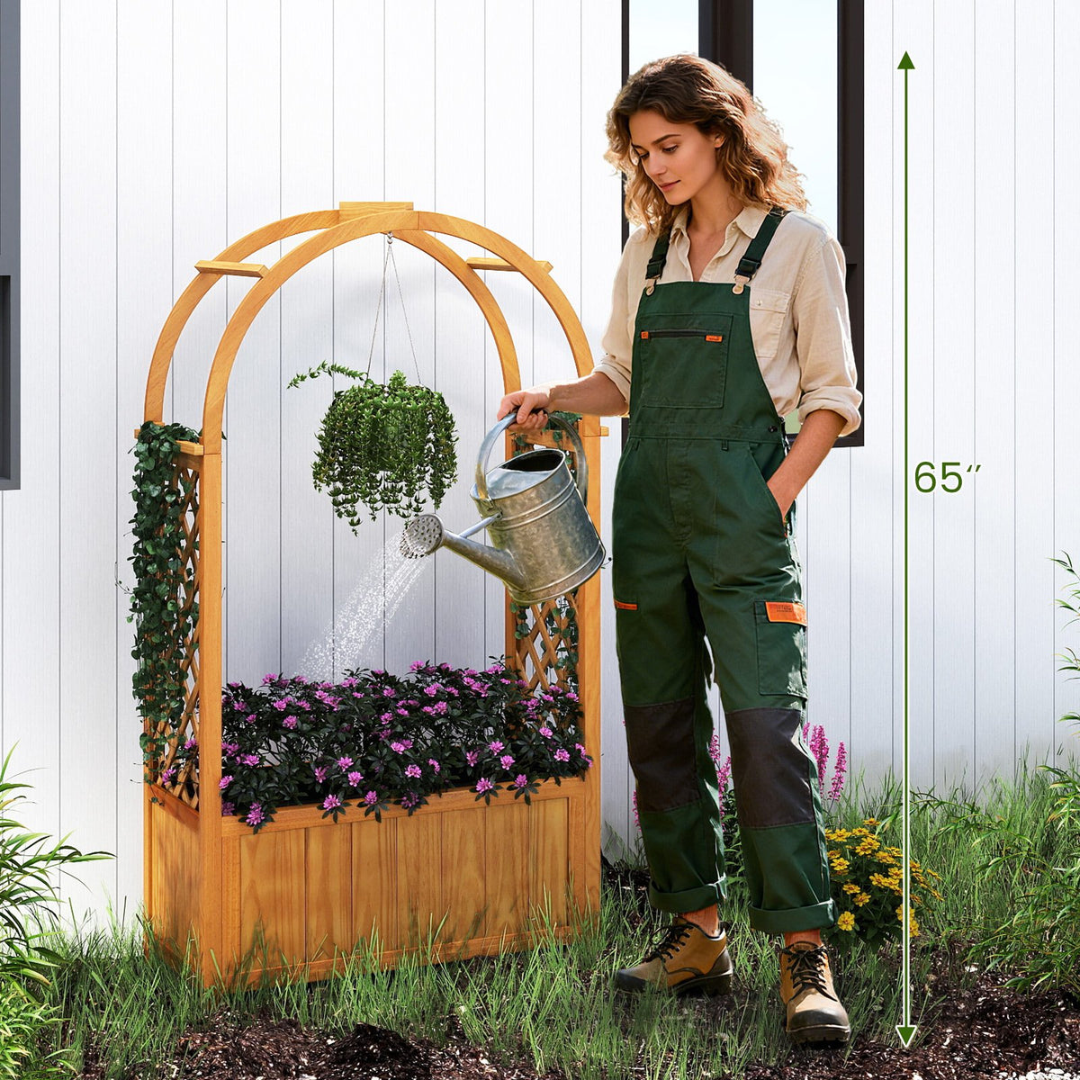 Wooden Raised Garden Bed with Lattice Trellis and Arched Roof-Orange view 3