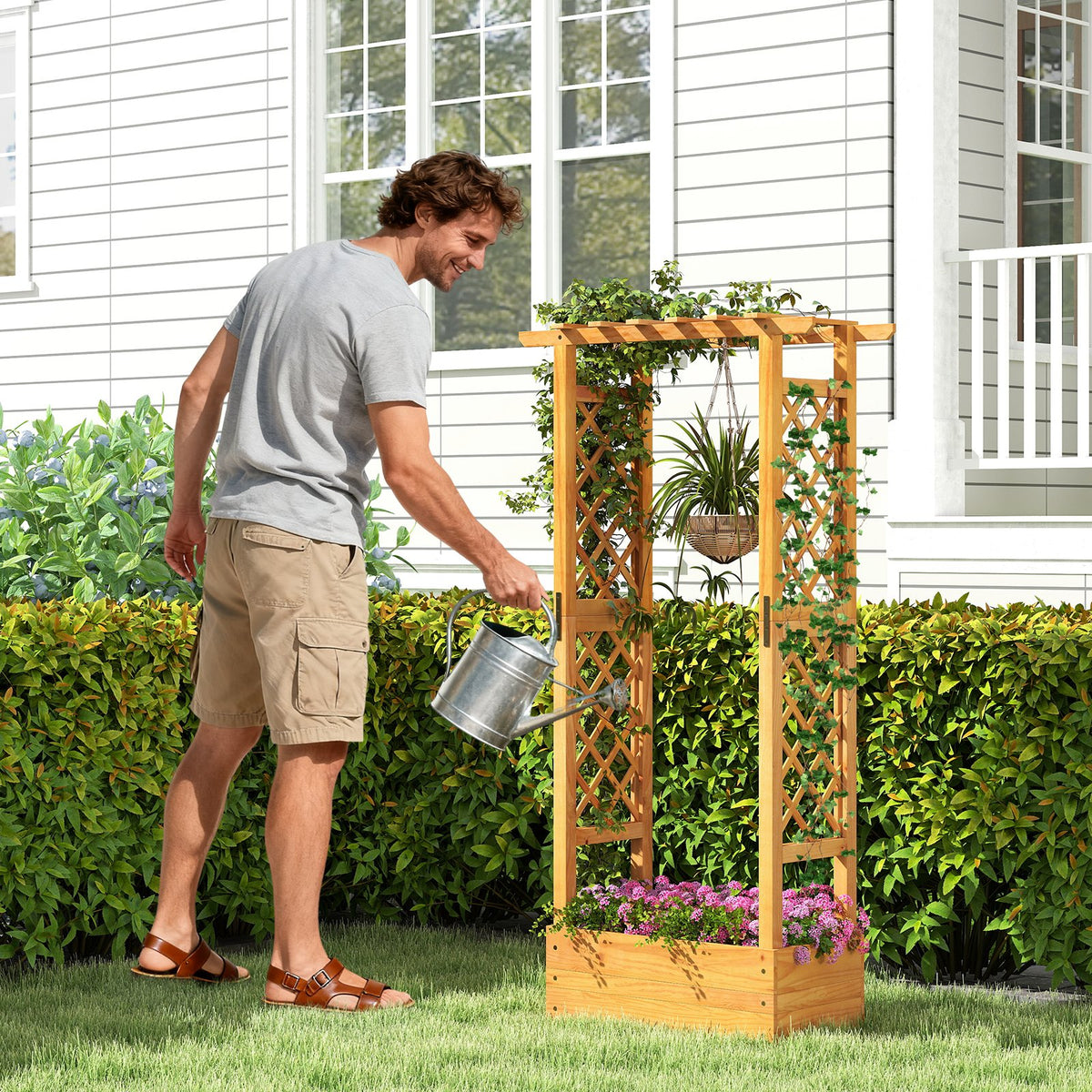 Wooden Raised Garden Bed with Lattice Trellis and Hanging Roof-Orange view 3