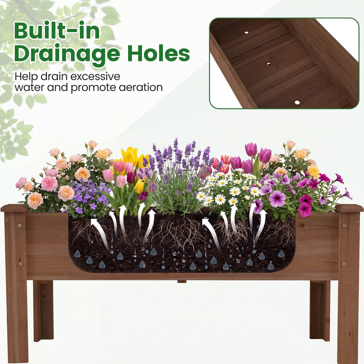 Wooden Raised Garden Bed with Legs Elevated Planter Box with Drainage Holes-Coffee view 8