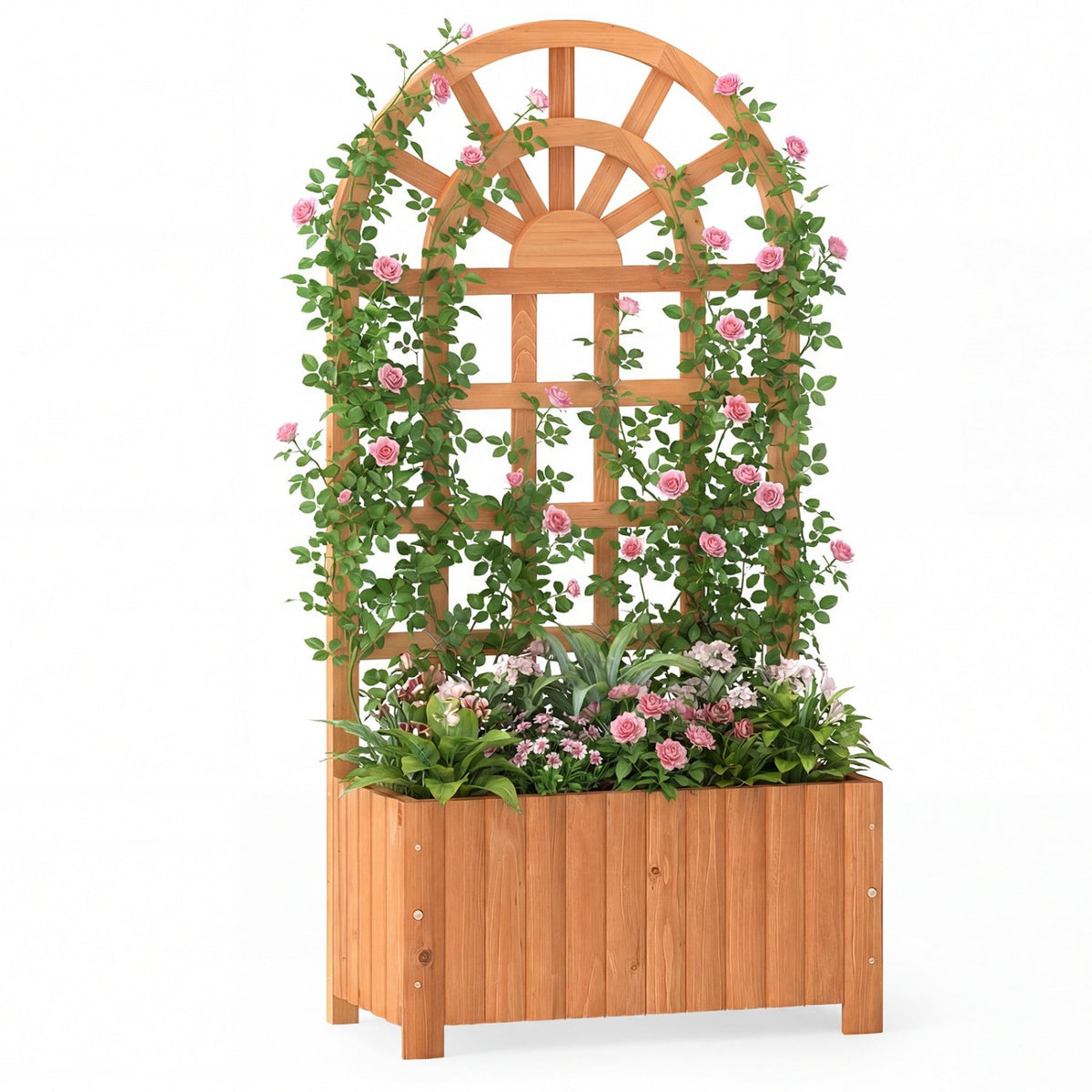 Wooden Raised Garden Bed with Trellis 48 Inch Outdoor Screen-Brown