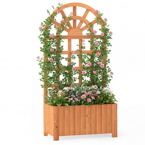 Wooden Raised Garden Bed with Trellis 48 Inch Outdoor Screen-Brown