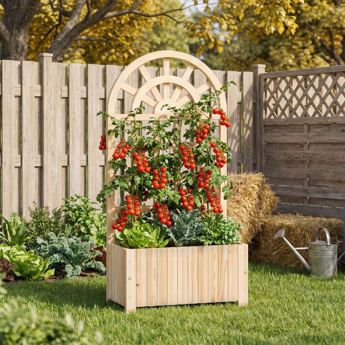 Wooden Raised Garden Bed with Trellis 48 Inch Outdoor Screen-Natural view 3