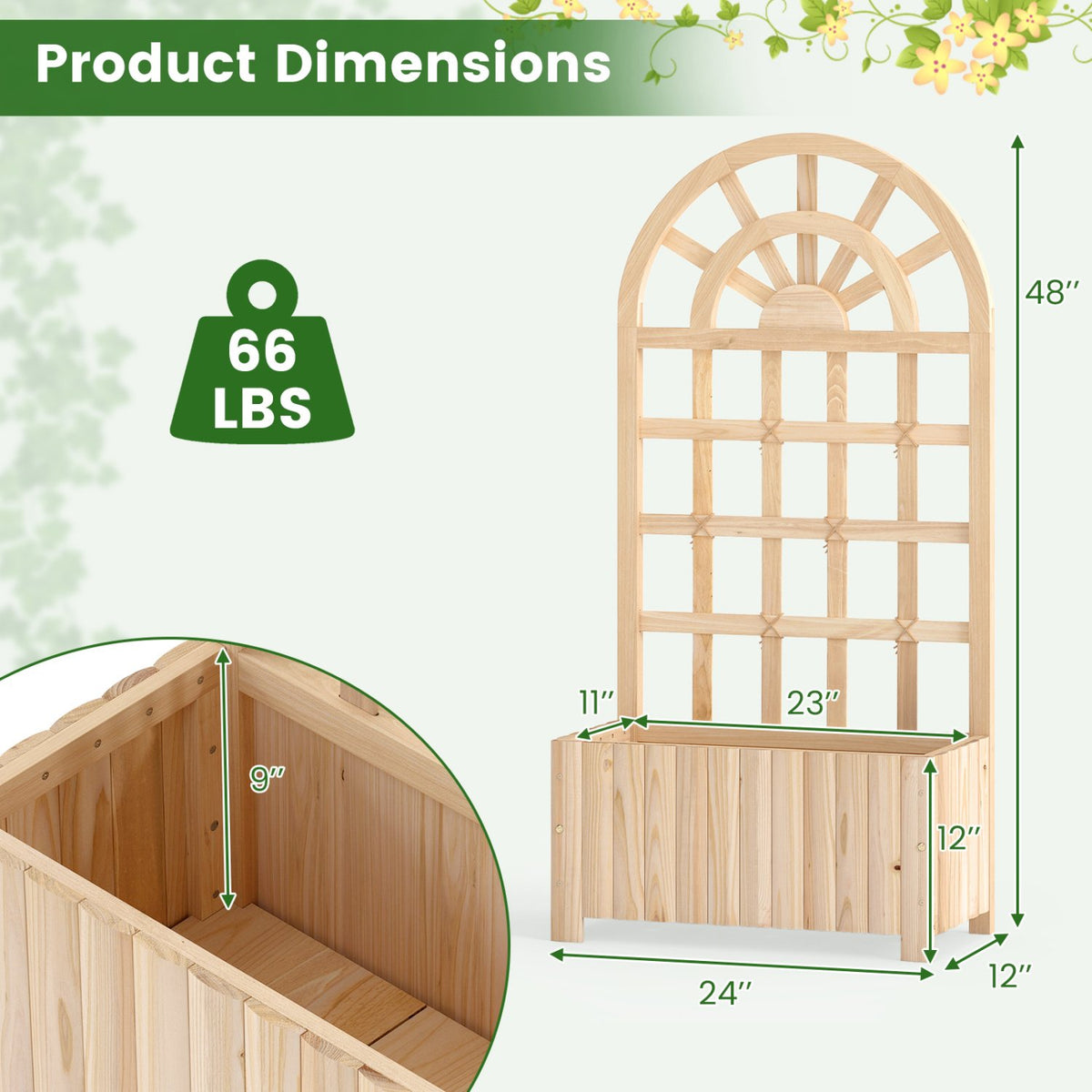 Wooden Raised Garden Bed with Trellis 48 Inch Outdoor Screen-Natural view 4