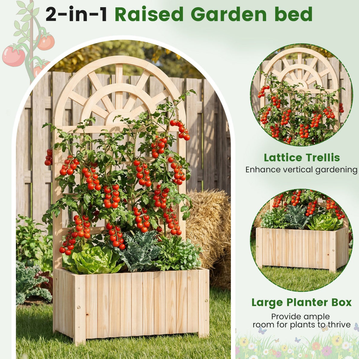 Wooden Raised Garden Bed with Trellis 48 Inch Outdoor Screen-Natural view 6