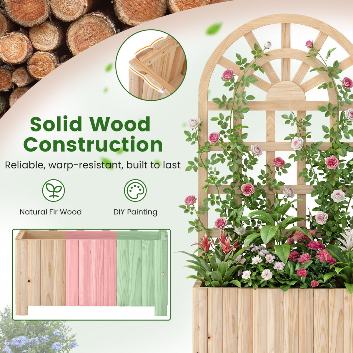 Wooden Raised Garden Bed with Trellis 48 Inch Outdoor Screen-Natural view 7