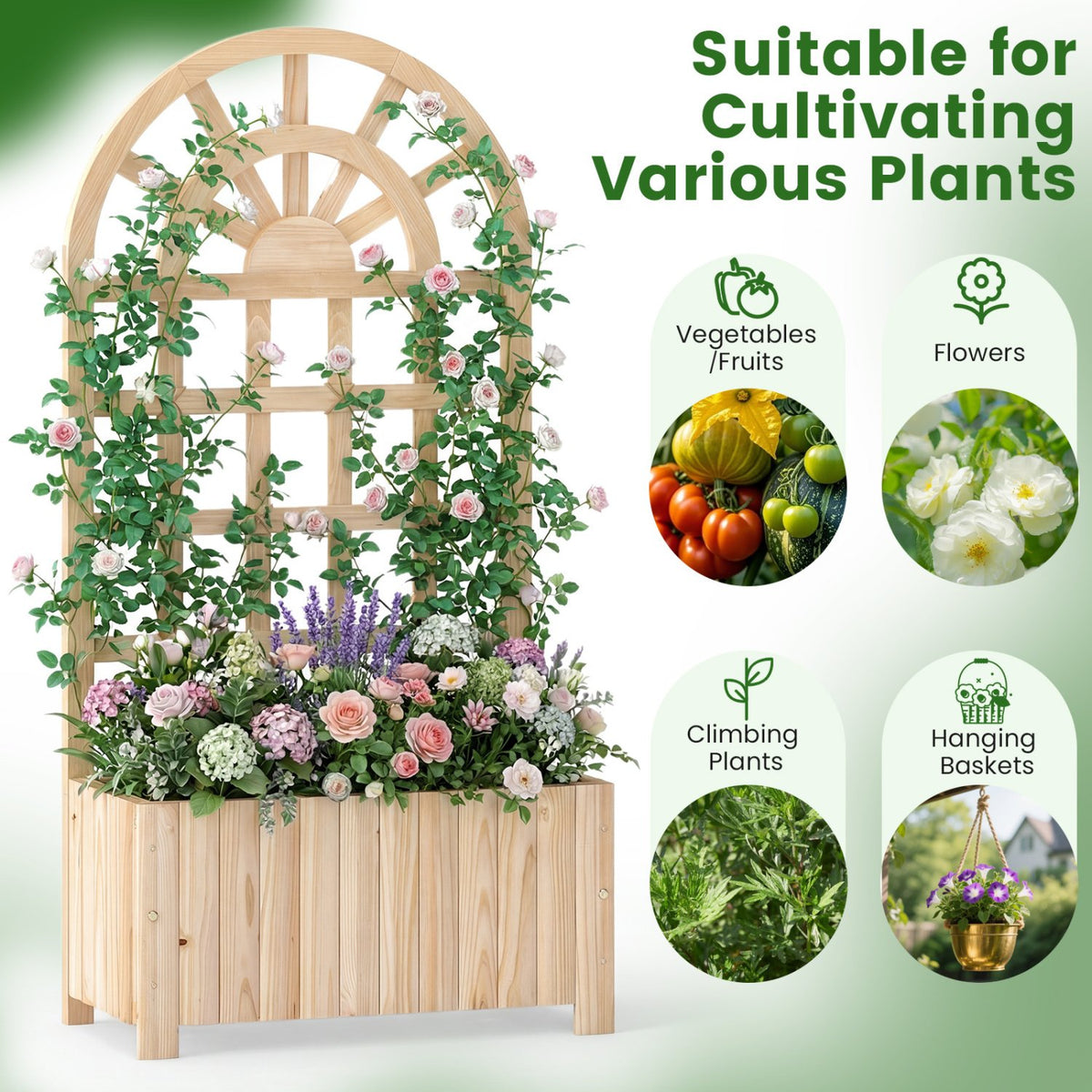 Wooden Raised Garden Bed with Trellis 48 Inch Outdoor Screen-Natural view 9