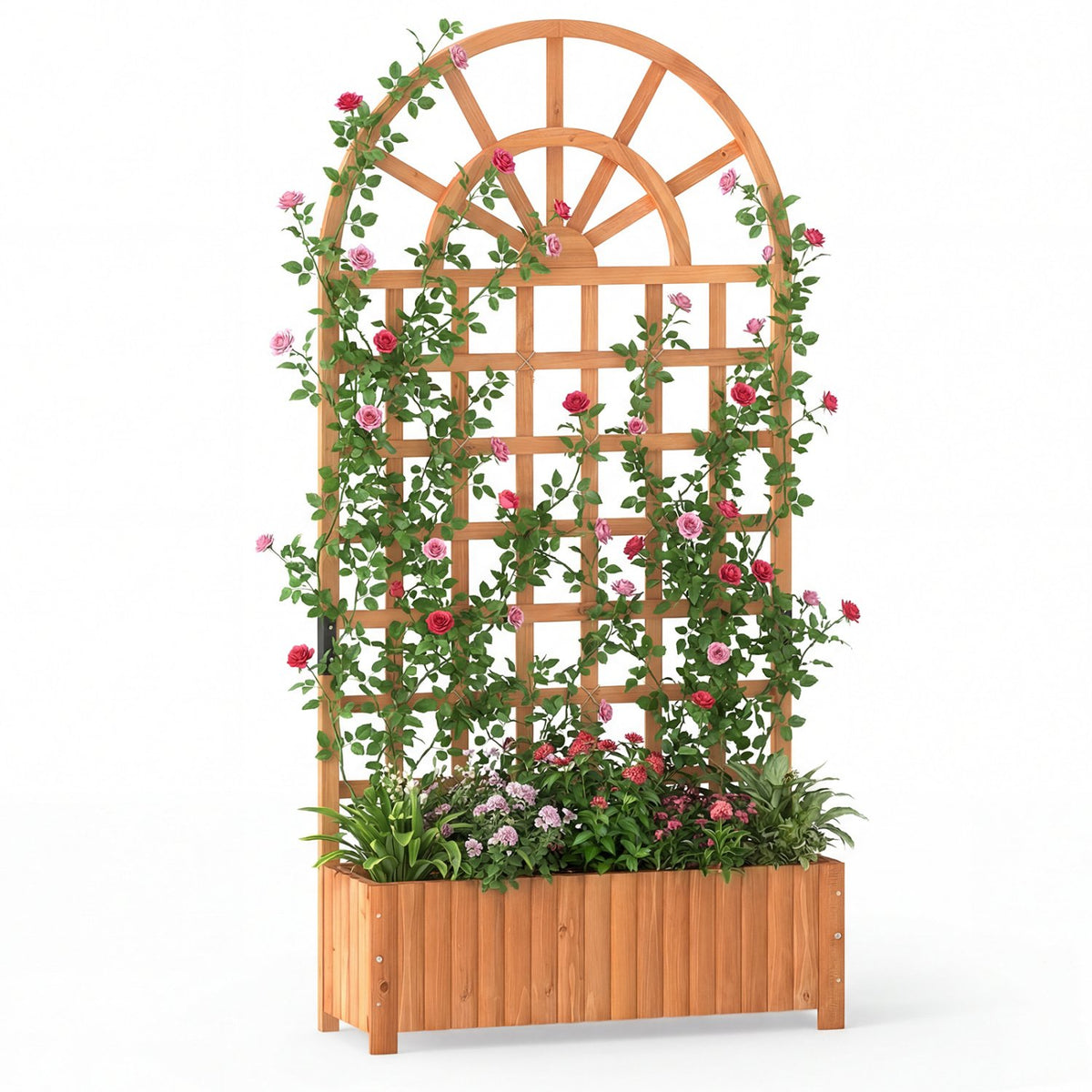 Wooden Raised Garden Bed with Trellis 71 inches Outdoor Planter Box Privacy Screen-Brown
