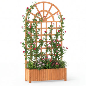 Wooden Raised Garden Bed with Trellis 71 inches Outdoor Planter Box Privacy Screen-Brown
