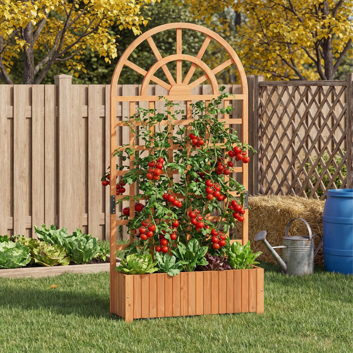 Wooden Raised Garden Bed with Trellis 71 inches Outdoor Planter Box Privacy Screen-Brown view 2