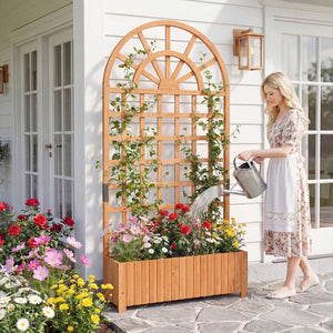 Wooden Raised Garden Bed with Trellis 71 inches Outdoor Planter Box Privacy Screen-Brown view 3