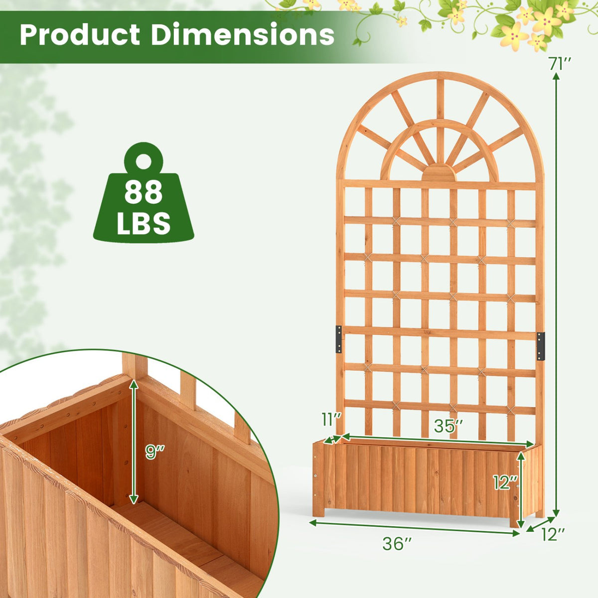 Wooden Raised Garden Bed with Trellis 71 inches Outdoor Planter Box Privacy Screen-Brown view 4