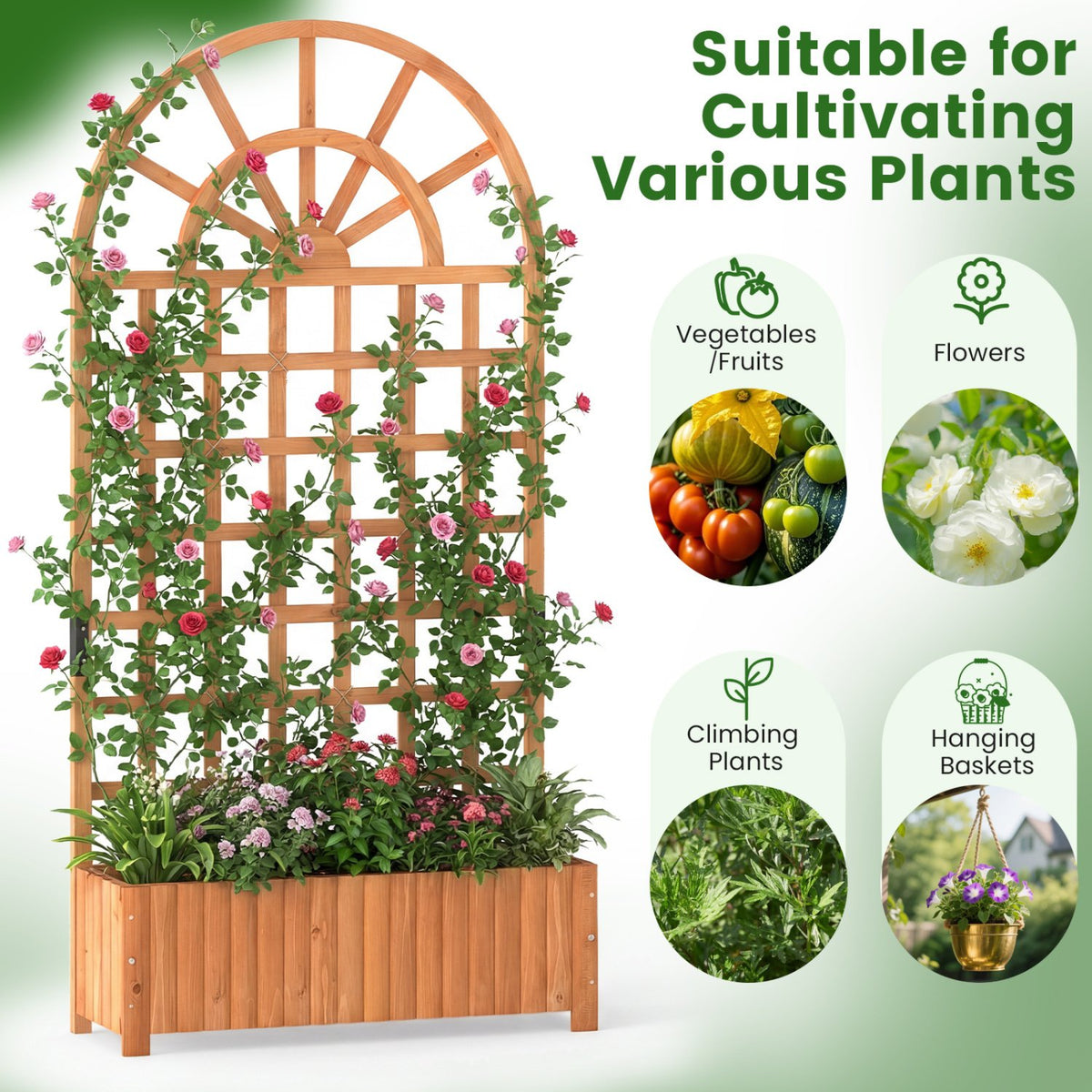 Wooden Raised Garden Bed with Trellis 71 inches Outdoor Planter Box Privacy Screen-Brown view 6