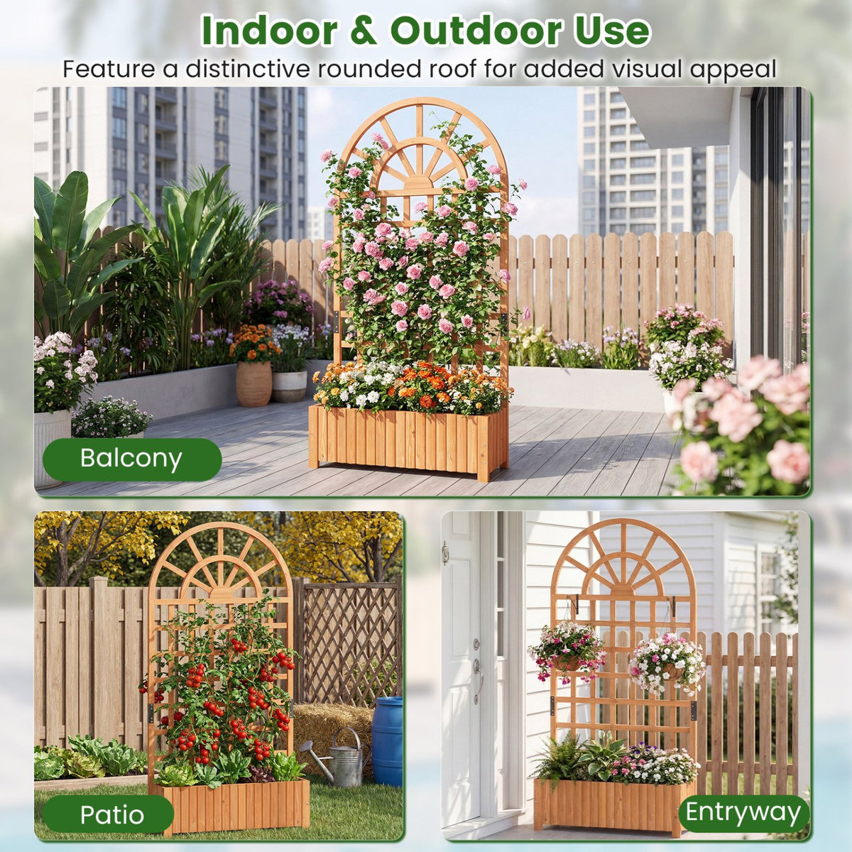 Wooden Raised Garden Bed with Trellis 71 inches Outdoor Planter Box Privacy Screen-Brown view 9