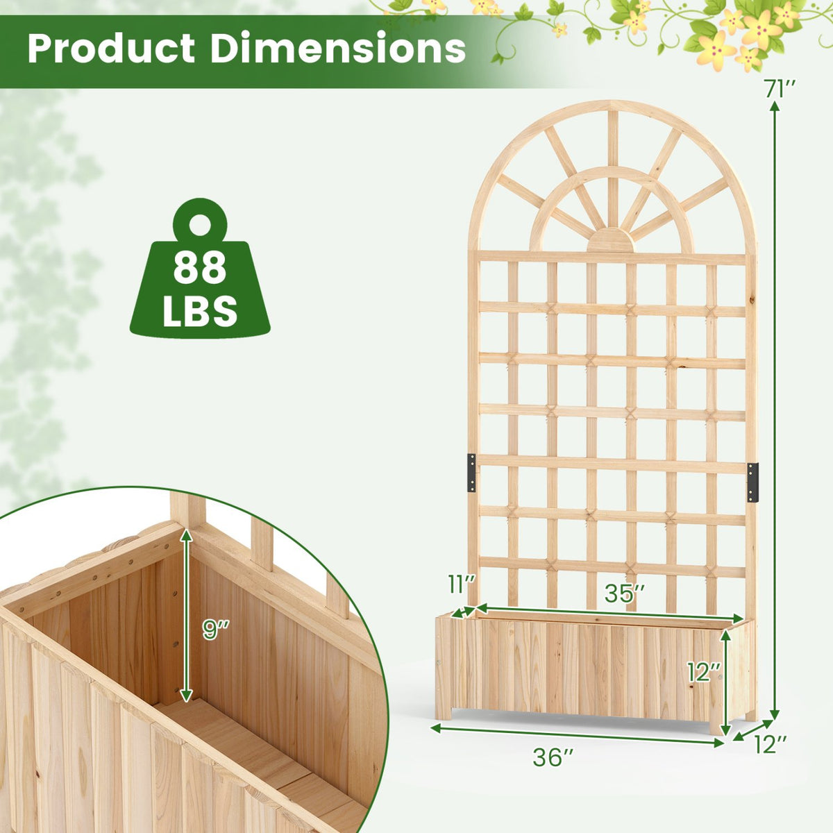 Wooden Raised Garden Bed with Trellis 71 inches Outdoor Planter Box Privacy Screen-Natural view 4