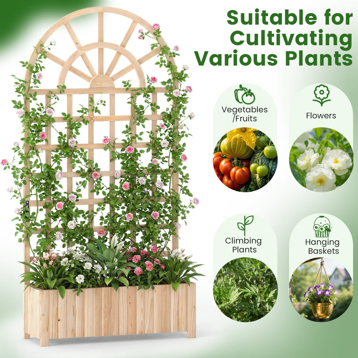 Wooden Raised Garden Bed with Trellis 71 inches Outdoor Planter Box Privacy Screen-Natural view 6