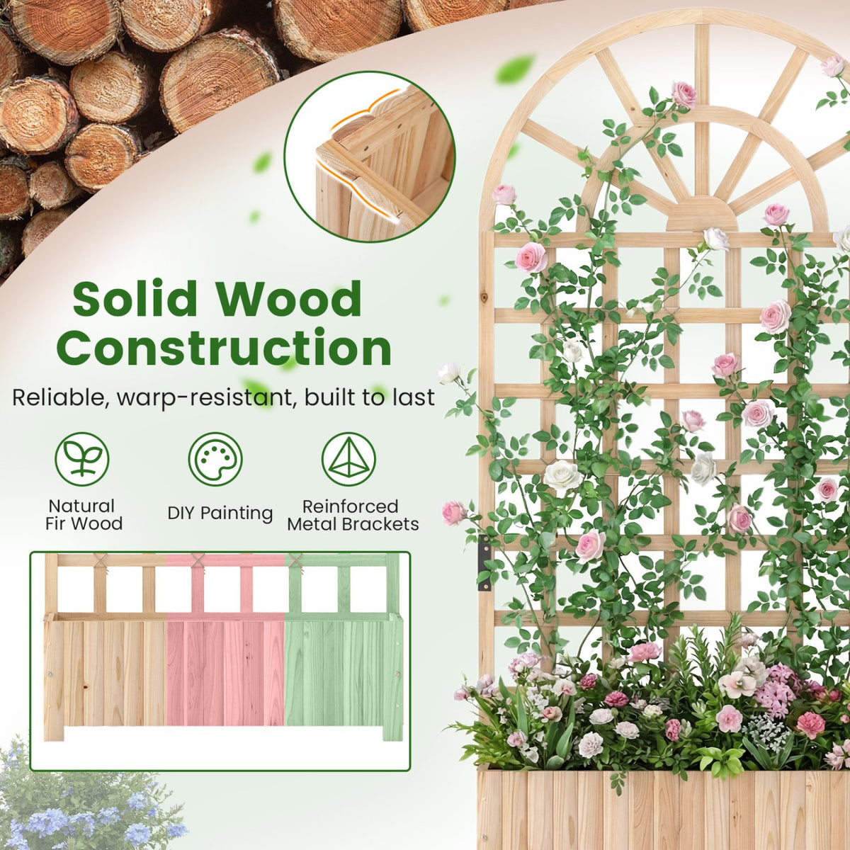 Wooden Raised Garden Bed with Trellis 71 inches Outdoor Planter Box Privacy Screen-Natural view 7