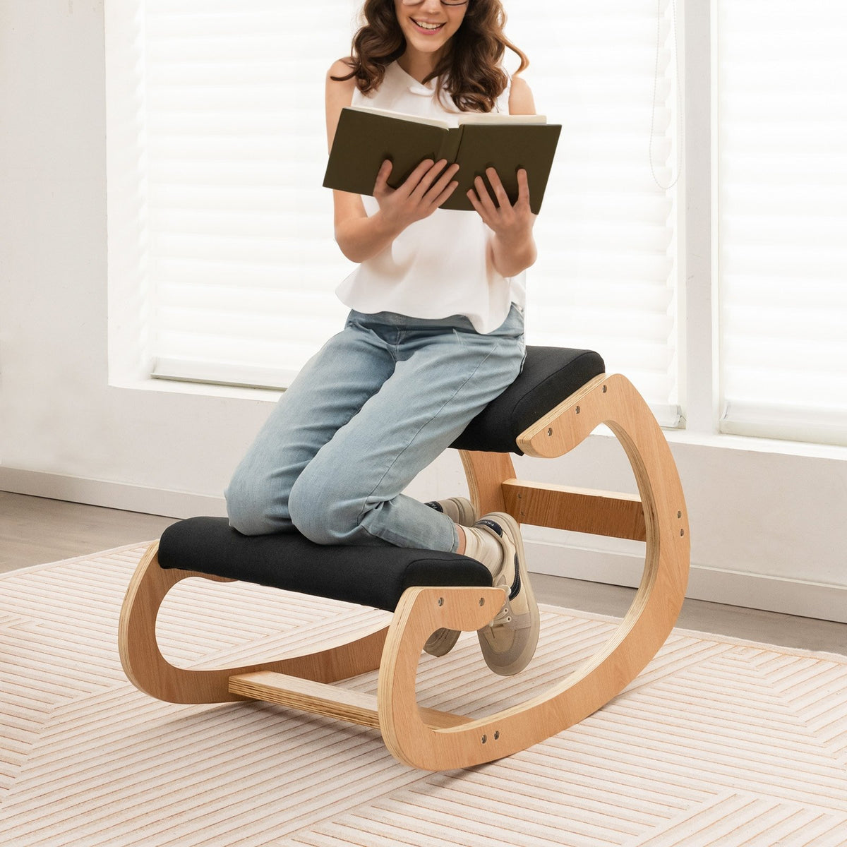 Wooden Rocking Chair with Comfortable Padded Seat Cushion and Knee Support-Black view 2