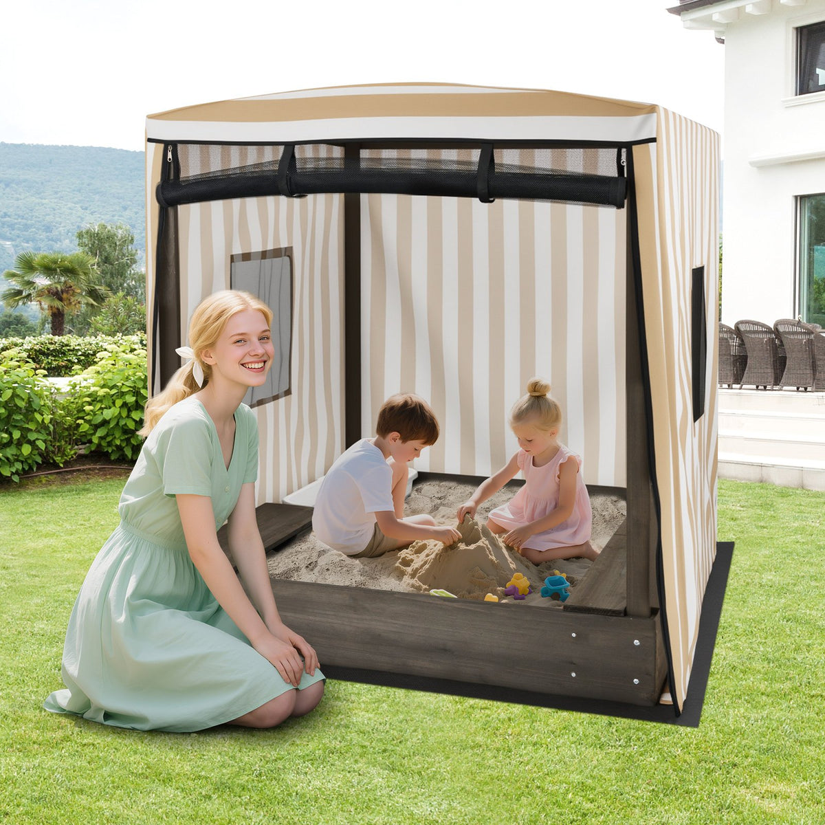 Wooden Sandbox with Canopy for Children 3+ Years Old-Brown view 2