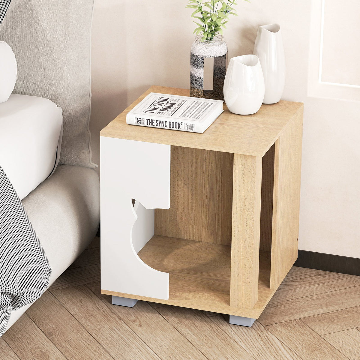 Wooden Semi-enclosed Cat Condo with Kitty Head-shaped Entry and Metal Legs-Natural view 2