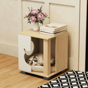 Wooden Semi-enclosed Cat Condo with Kitty Head-shaped Entry and Metal Legs-Natural view 3