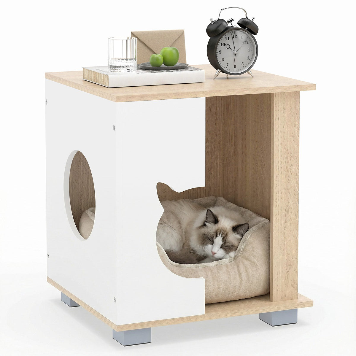 Wooden Semi-enclosed Cat Condo with Kitty Head-shaped Entry and Metal Legs-Natural view 4