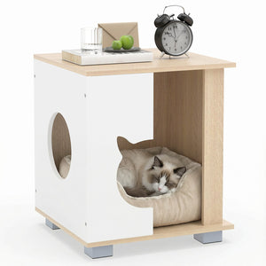 Wooden Semi-enclosed Cat Condo with Kitty Head-shaped Entry and Metal Legs-Natural view 4
