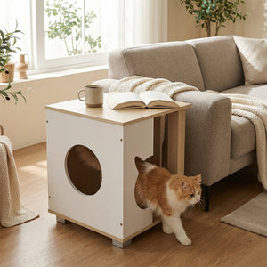 Wooden Semi-enclosed Cat Condo with Kitty Head-shaped Entry and Metal Legs-Natural view 6
