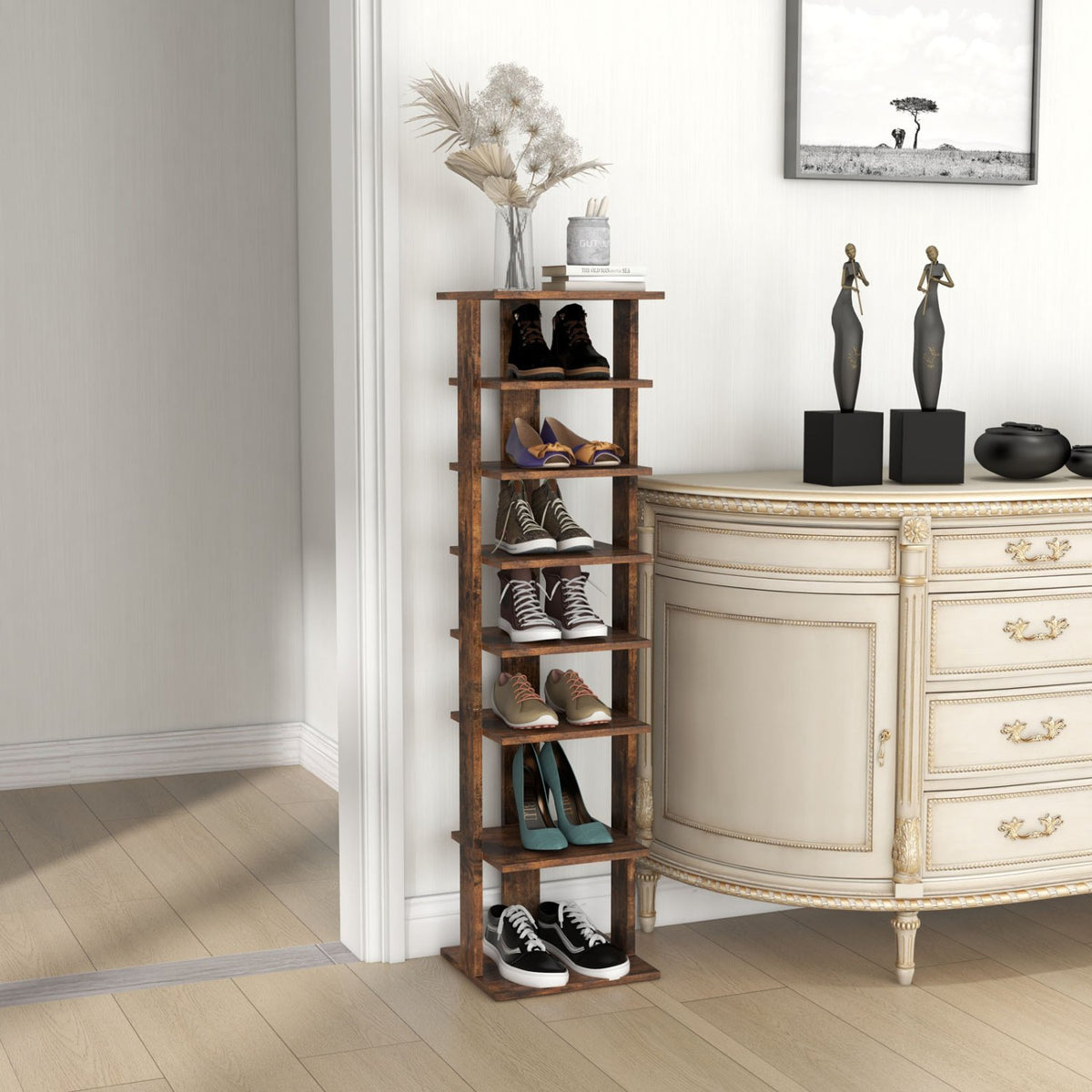 Wooden Shoes Storage Stand 7 Tiers Shoe Rack Organizer Multi-shoe Rack Shoebox-Rustic Brown view 2