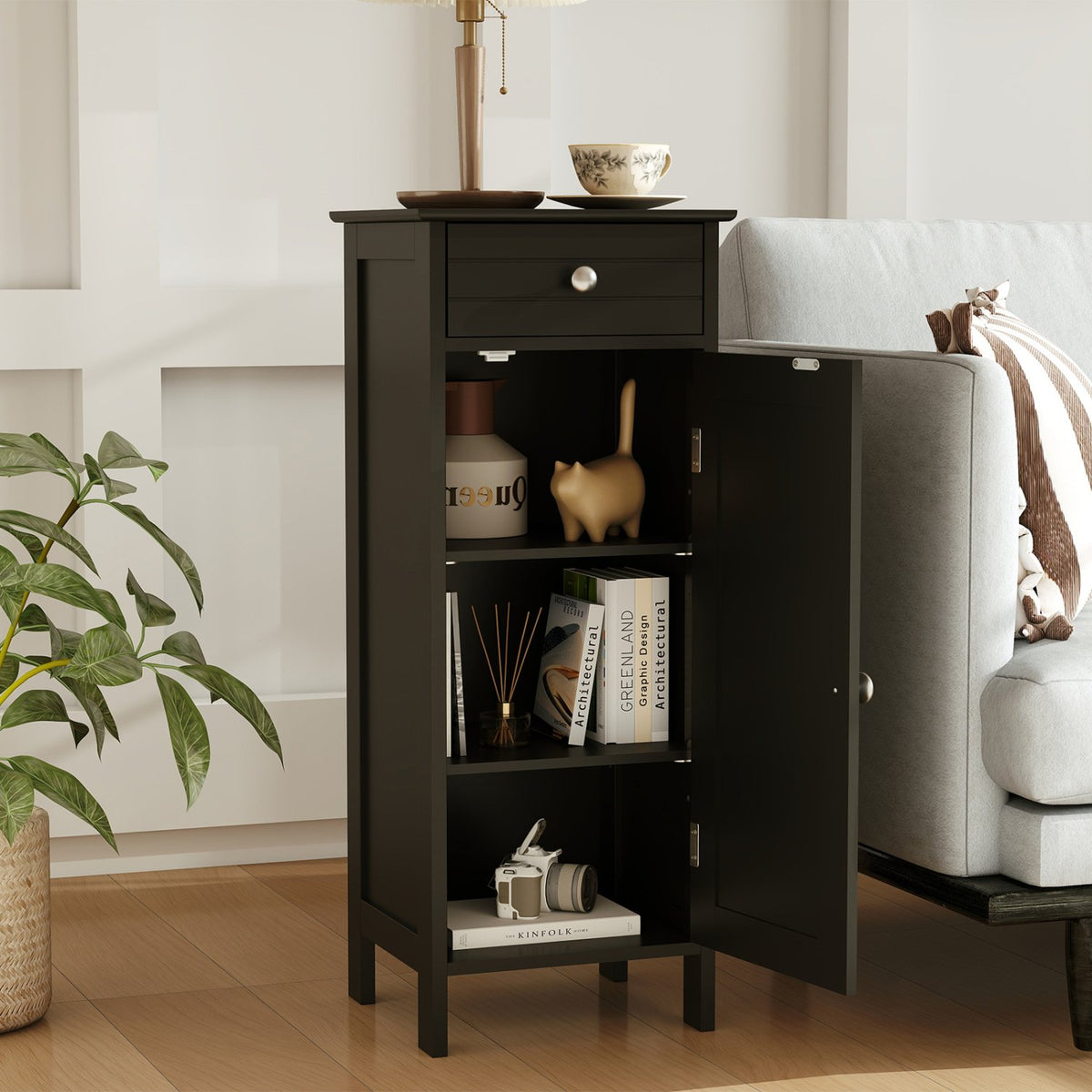 Wooden Storage Free-Standing Floor Cabinet with Drawer and Shelf-Black view 2