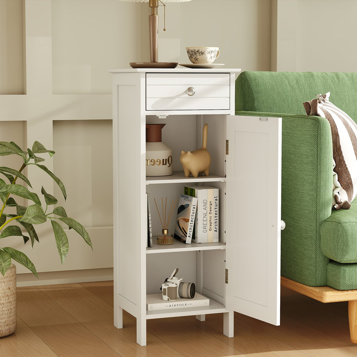 Wooden Storage Free-Standing Floor Cabinet with Drawer and Shelf-White view 2