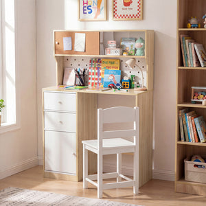 Wooden Study Desk and Chair Set with 2 Cabinets and 2 Drawers for 4-7 Years Old Children-Natural view 2