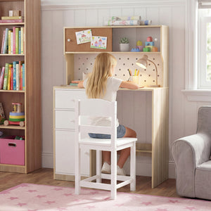Wooden Study Desk and Chair Set with 2 Cabinets and 2 Drawers for 4-7 Years Old Children-Natural view 3