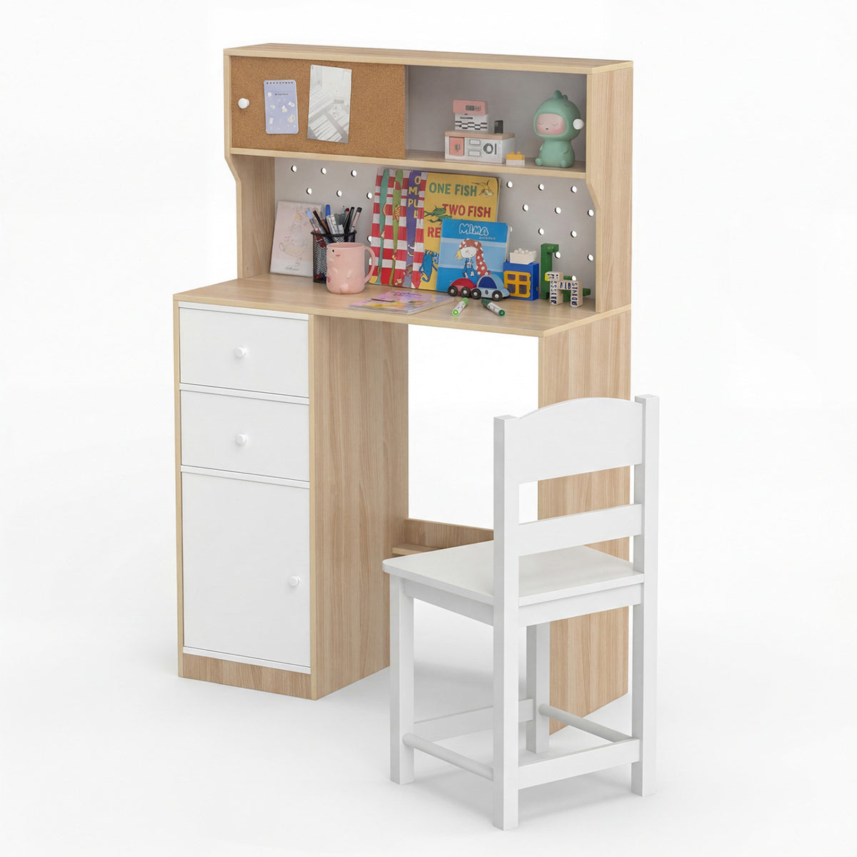 Wooden Study Desk and Chair Set with 2 Cabinets and 2 Drawers for 4-7 Years Old Children-Natural view 4