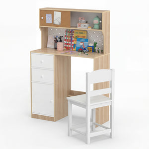 Wooden Study Desk and Chair Set with 2 Cabinets and 2 Drawers for 4-7 Years Old Children-Natural view 4
