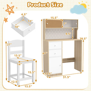 Wooden Study Desk and Chair Set with 2 Cabinets and 2 Drawers for 4-7 Years Old Children-Natural view 5