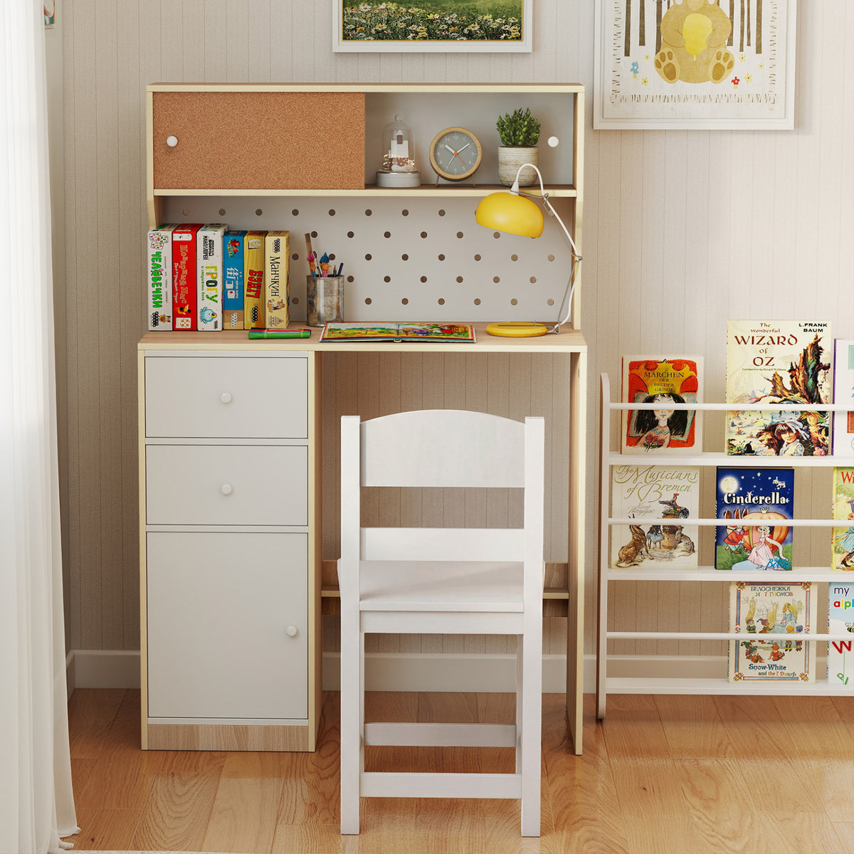 Wooden Study Desk and Chair Set with 2 Cabinets and 2 Drawers for 4-7 Years Old Children-Natural view 6