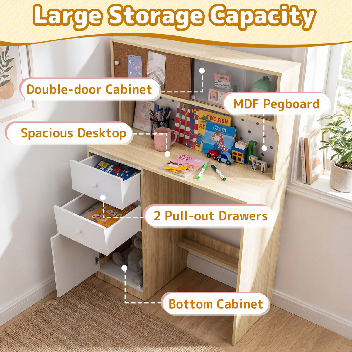 Wooden Study Desk and Chair Set with 2 Cabinets and 2 Drawers for 4-7 Years Old Children-Natural view 7