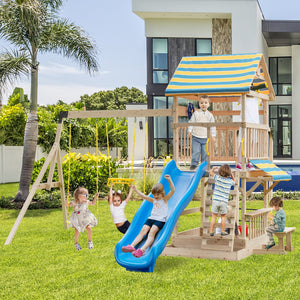 Wooden Swing Set with Large Upper Deck Slide and Steering Wheel view 2