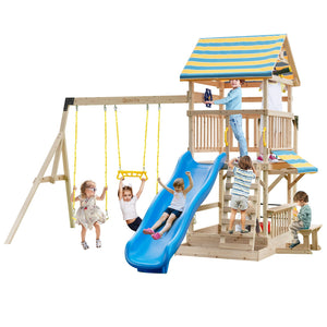 Wooden Swing Set with Large Upper Deck Slide and Steering Wheel view 3