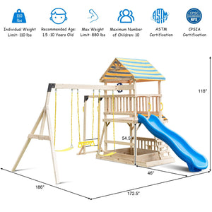 Wooden Swing Set with Large Upper Deck Slide and Steering Wheel view 4