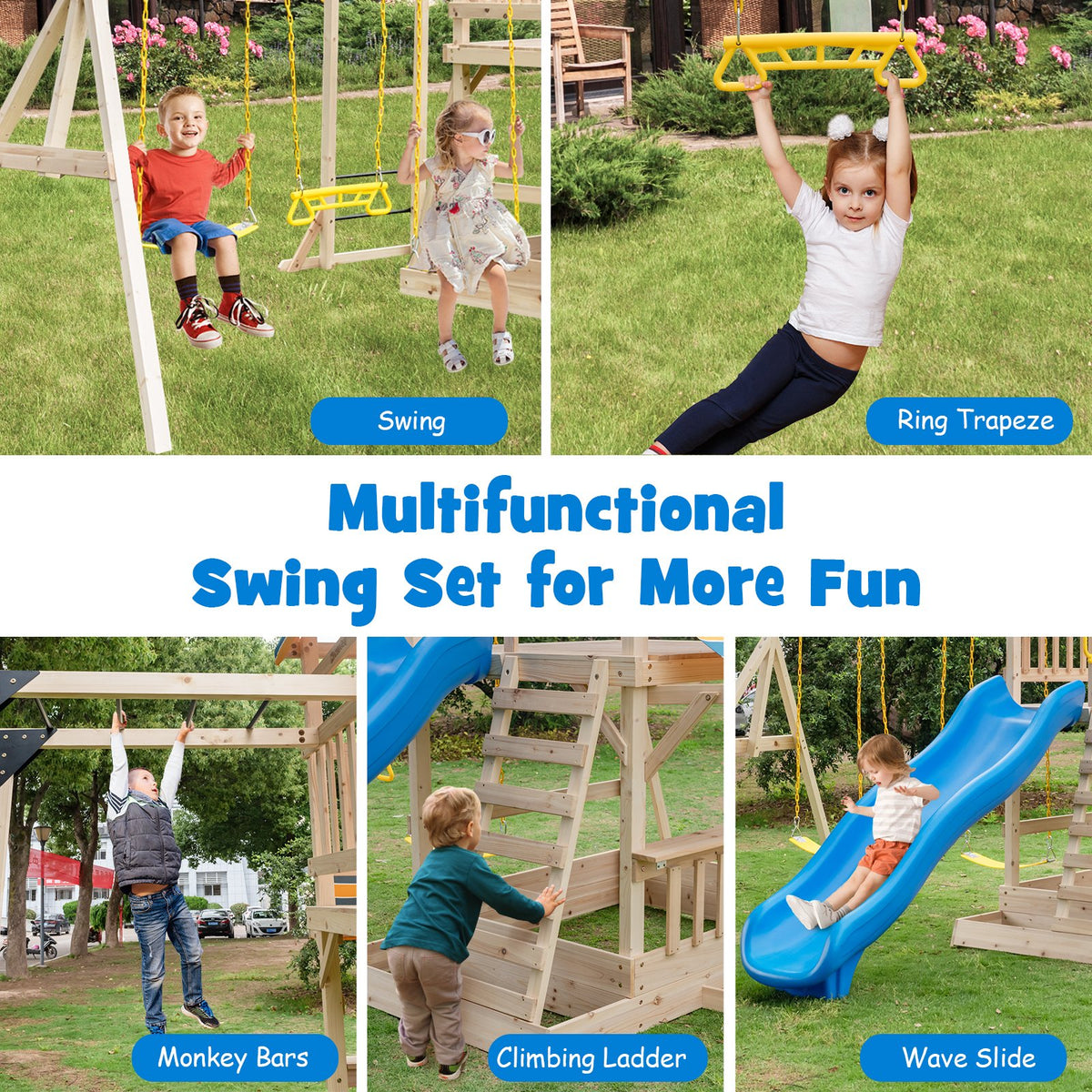 Wooden Swing Set with Large Upper Deck Slide and Steering Wheel view 6