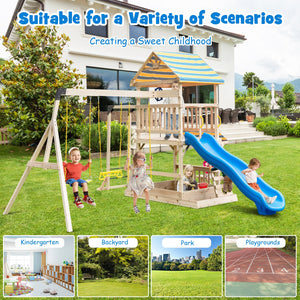 Wooden Swing Set with Large Upper Deck Slide and Steering Wheel view 9