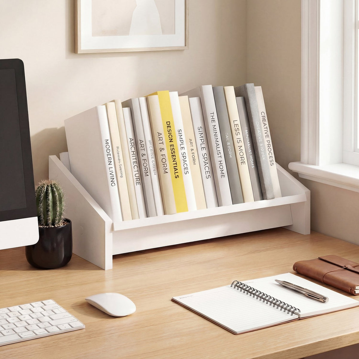 Wooden Tilting Bookcase Small Desktop Bookshelf Organizer for Magazines-White view 2