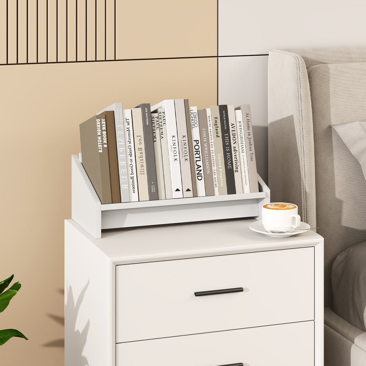 Wooden Tilting Bookcase Small Desktop Bookshelf Organizer for Magazines-White view 5