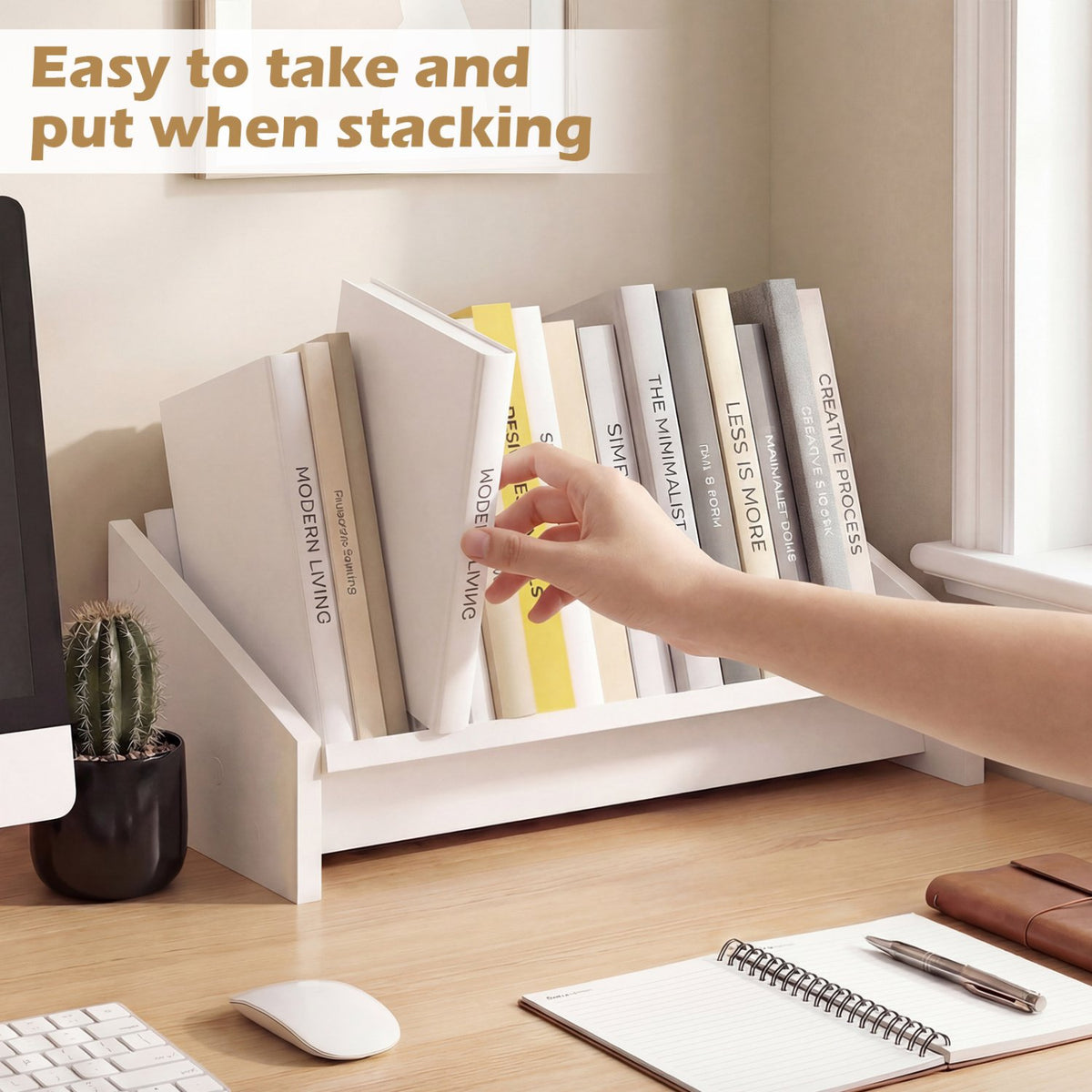 Wooden Tilting Bookcase Small Desktop Bookshelf Organizer for Magazines-White view 7
