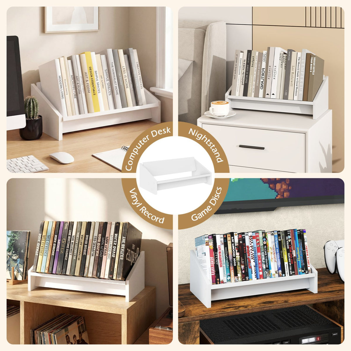 Wooden Tilting Bookcase Small Desktop Bookshelf Organizer for Magazines-White view 8